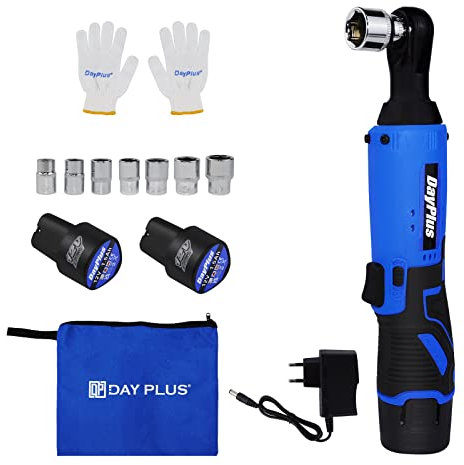 Clé à cliquet électrique sans fil 12V 3/8 '', Trousse à outils pour clé à angle droit 90°, 2 × 1500 mAh batteries Li-Ion, Électrique cliquet Clé avec lampe de travail à LED, 7 Prises - Bleu