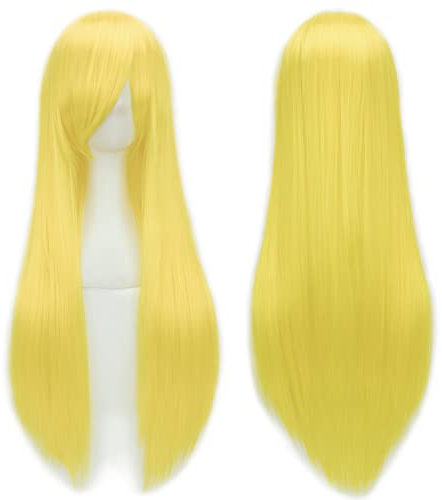 IMISSU Lange glatte Haare Cosplay Perücke mit Pony Bunte Halloween Kostüm Party Perücken (Fluoreszierendes Gelb)