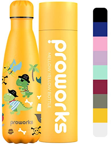 Proworks Edelstahl Trinkflasche | 24 Std. Kalt und 12 Std. Heiß - Vakuum Wasserflasche - Isolierflasche für Sport, Laufen, Fahrrad, Yoga und Camping - 500ml - Dino Pirates - Mellow Yellow