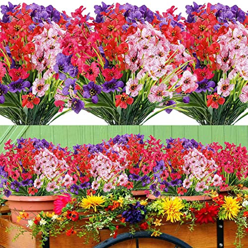 Lot de 12 Fleurs Artificielles d'Extérieur 4 Couleurs Fausses Fleurs Résistantes aux UV pour Intérieur Extérieur Maison Jardin Mariage Décoration Plantes Artificielles en Soie Verdure Arbustes Plantes