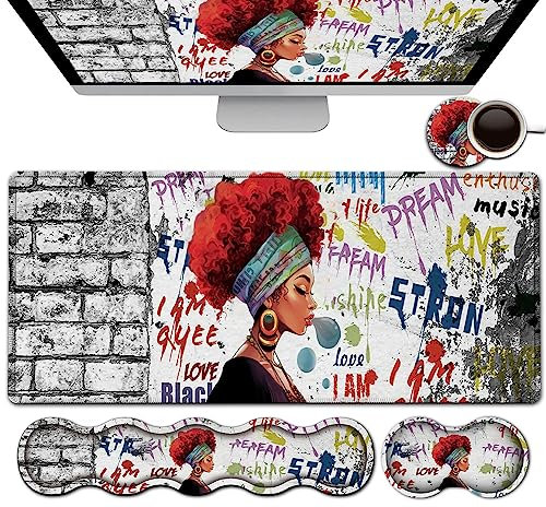 African Black Woman Graffiti Girls Desk Mat, Extended White Laptop Table Protector, Ergonomic Mouse Pad with Keyboard Wrist Rest Support
