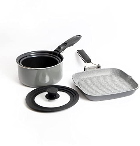 MasterClass Set of Cast Aluminium Folding Handle Grill Pan 24cm and Smart Space Non-Stick Saucepan Set