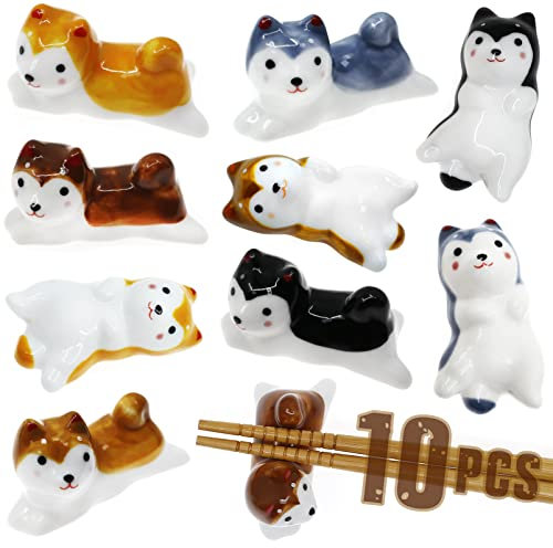 10 Pack Cat Chopsticks Holder Set, China Japanese Style Porcelain Cute Lucky Cat Ceramic Chopsticks Rest Rack for Dinner Spoon Fork Knife Tableware Chopsticks Stand, Fun Gift for Women Adult(Cute Dog)
