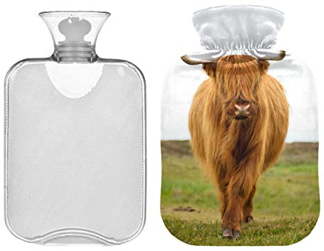 Scottish Highland Cow Hot Water Bottle with Velvet Cover, 1L Transparent Hot Water Bag for Menstrual Cramp Relief, PVC Hand Feet Warmer
