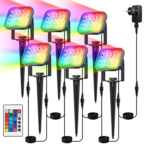 T-SUN 6 in 1 RGB Gartenbeleuchtung mit Fernbedienung, Superhell 20 LED GartenStrahler mit Strom, IP65 Wasserdichter, 12M RGB Farbwechsel Gartenleuchte mit Erdspieß für Garten Baum Rasen Teich(6er-Set)
