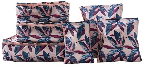 Periea Lucy Packing Cubes for Suitcases & Carry on Hand Luggage – Set of 6 Travel Packing Organisers – 6 Colours (Peach Leaves)