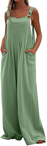 Petos Mujer Talla Grande Verano Largos Elegantes Casual Pocket Romper Correa Sólido Playsuit Botón Largo Mono de Mujer Pierna Ancha Casual Trabajar Vestir (Verde-1, XXL)