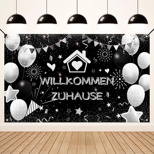 Koliphy Willkommen Zuhause Deko, Willkommen Zuhause Banner Girlande Dekoration für Heimkehr, Familie Rückkehr Familienfeiern Party Deko, Schwarz Silber Welcome Home Banner, 70.8 x 43.3Zoll