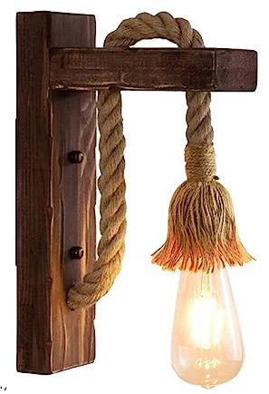 Mengjay E27 Creativa Lámpara de Pared Viento Industriales Madera Apliques de Pared de Cuerda de Cáñamo Dormitorio Iluminación de Pared Retro Mesilla Luces de Pared Sala de Estar Estudio (B)