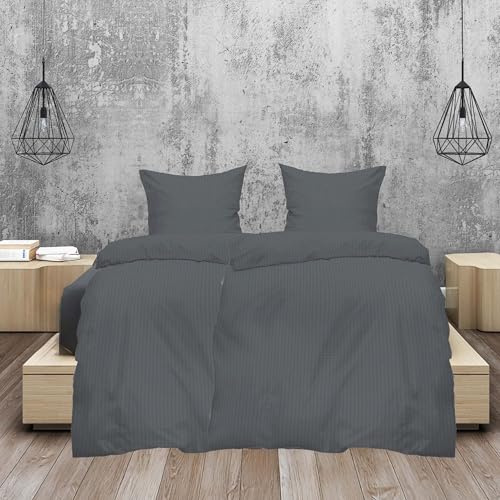 Casa Colori Seersucker Bettwäsche 4 TLG. 135x200 cm mit RV Uni Neutral Bettgarnitur - Grau