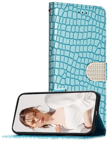EuoDuo für TCL 403 Handyhülle Klappbar PU Leder Hülle in Kroko Design Handytasche Glitzer Magnetische Schnalle Schutzhülle Kartenfach Flip Case - Blau