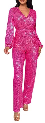 Duohropke Overall Damen Jumpsuit V-Ausschnitt Langarm Elegant Bodysuit mit Gürtel Sexy Abendkleid Butt Pailletten Eng Einteiler Hohe Taille Playsuit Leistungskleidung