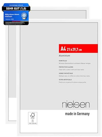 nielsen Bilderrahmen, 21 x 29,7 cm (A4) (2er Set), Aluminium, Weiß matt, Dokumentenrahmen zum Aufhängen im Hoch- & Querformat, bruchsicheres Kunstglas, Atlanta
