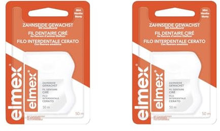 elmex Zahnseide 50 m – gewachstes Zahnband für eine gründliche Zahnreinigung – Faden mit Flauscheffekt und Aminfluorid beugt Karies und Zahnfleischentzündungen vor (Packung mit 2)