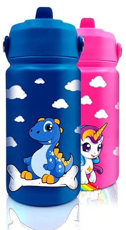 Beckspon Botella de Agua para Niños Acero Inoxidable | 350ml | Térmica Reutilizable | Sin BPA | Mantiene 24H Frio / 12H calor | Botella de Agua Infantil | Termo y Hermética | Botella Dinosaurio Azul