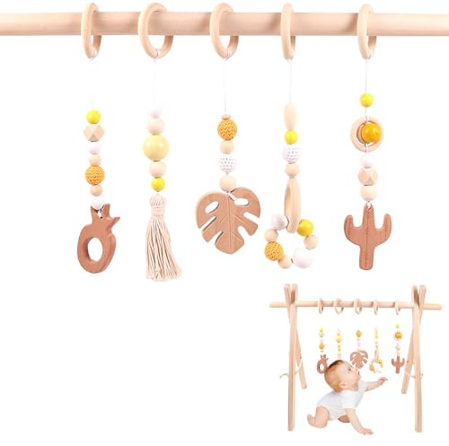FENYW 5 Stücke Spielbögen Baby Gym Anhänger, Anhänger Spielbogen Holz, Baby Spielbogen Anhänger Baby, Holz Baby Gym Spielzeug für Kinderwagen Autositz Spielzeug (Gelb)