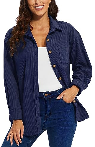 TACVASEN Womens Long Sleeve Shirt Jackets Corduroy Soft Button Down Shackets Winter Casual Warm Shirt for Lady UK Navy Blue,M