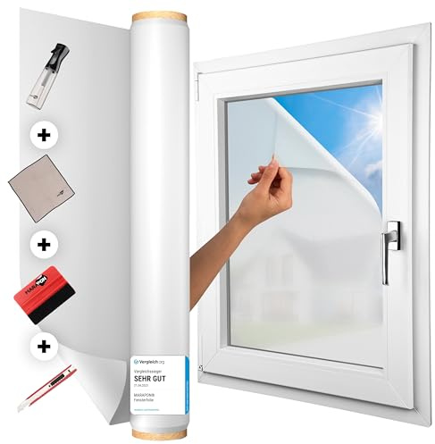 MARAPON® Fensterfolie Blickdicht selbsthaftend [75x200 cm] - inkl. Rakel, Cutter, Sprühflasche und 2X Mikrofasertuch - Sichtschutzfolie für Fenster - Milchglasfolie All-in-One Lösung | statisch