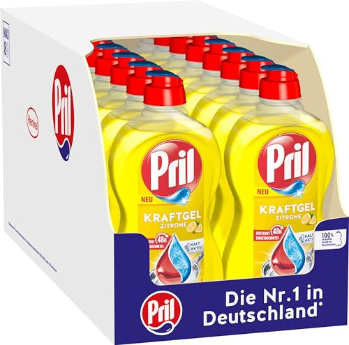 PRIL Kraft Gel Zitrone (16 x 450 ml), Handgeschirrspülmittel mit höchster Fettlösekraft, für sauberes Geschirr auch in kaltem Wasser, frischer Zitronenduft