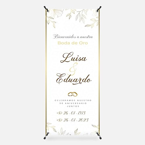 Cartel Bienvenida Boda Personalizado - Photocall Boda de Oro | Print Stamp Love, Decoracion de bodas de oro, Lona personalizada PVC Resistente con Estructura (70x180cm) MODELO 2
