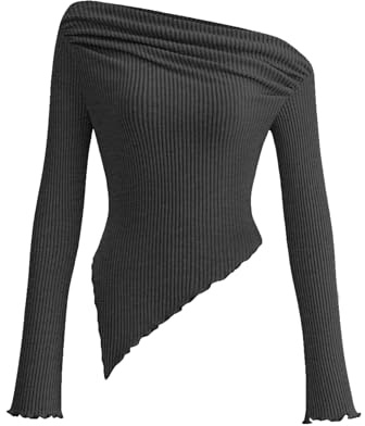 PRETTYGARDEN Women's Spring Long Sleeve Y2K Crop Top Trendy Off Shoulder Asymmetrical Fitted Knit Tee Shirts Going Out Tops