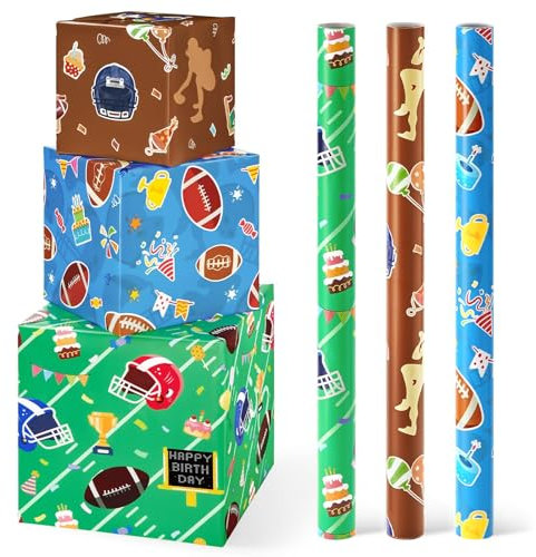 WERNNSAI Fußball Geschenkpapier – 3 Rollen Geburtstags Geschenkpapier Sport Kinder Geschenkpapier Grün Braun Blau Geschenkpapier mit Schnittlinien 43 × 305 cm