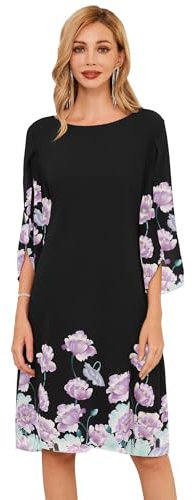 GRACE KARIN Robe Femme Chic Eté à Col Rond et Manches Longues 3/4 Fendues Casual Robe en Mousseline L Fleurs Violettes sur Noir