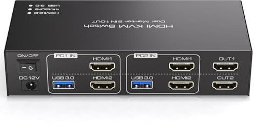TJCXELE 4K120Hz HDMI KVM Switch 2 PC 2 Monitore USB 3.0 KVM Umschalter Dual Monitor für Zwei Computer teilen Dual Monitor und 4 USB Ports mit DC 12V/1A Adapter & Desktop Controller