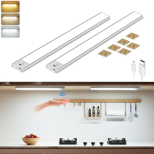 Unterbauleuchte küche LED, 3 Farbmodi Dimmbar Handbewegung Aktiviert Lichtleiste, 30CM 2 Stück Schrankbeleuchtung Kabellos Bewegungsmelder, 2200mAh USB-C Aufladbar Led Leiste für Kleiderschrank