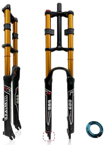 BSFHQS Fourche VTT 26 27,5 29 Pouces Réglage Rebond 145mm Voyage DH Air Double Épaule Fourche À Suspension Pneumatique 1-1/8 Tube Droit/Conique 9mm QR Frein Disque(Gold,26inch)