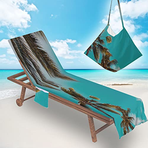 Treer Sonnenliege Auflage, 3D Palmen Gartenliege Abdeckung, Frottee Schonbezug Gartenstuhl mit 2 Taschen, für Schwimmbäder Strände Gartenhotels Liegenauflagen (210x75cm,Türkis)