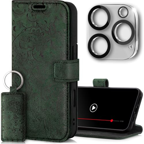 SURAZO Handyhülle für Apple iPhone 16 Pro Max Hülle Leder Klappbar Echtleder Schutzhülle [mit Kartenfach, RFID Schutz, Standfunktion, Kameraschutz Glas] Flip Klapphülle Case Cover Lederhülle O. Grün