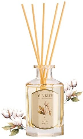 Airkeep Raumduft Clean Linen Duft, 180ml Reed Diffuser mit 8 Duftstäbchen, Deko für Schlafzimmer, Badezimmer, Büros, Schränke