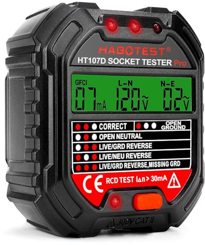 Comprobador de Enchufe de 90-250 V con LCD Pantalla Probador de Enchufes Electricos con Prueba RCD 6 Tipos de Diagnóstico de Averías Examinar Circuito Probar Estado del Diferencial HT107D