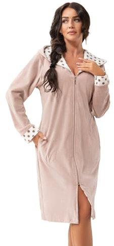 DOROTA kuscheliger und moderner Damen Bademantel, mit Reißverschluss, Taschen & Kapuze, Beige-Ecru, Gr. XXL (44)