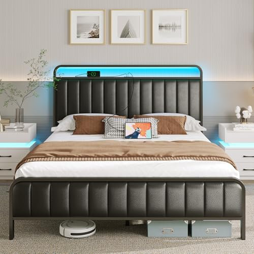 Rolanstar Queen-Size-Bettgestell mit LED-Licht und Ladestation, gepolstertes Kopfteil und Fußteil, Metalllatte, geräuschfrei, einfache Montage, Schwarz
