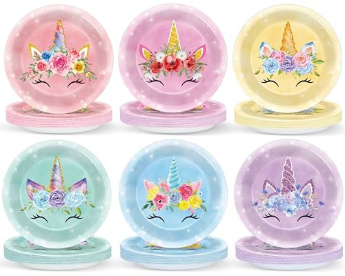 60PCS Unicorn Birthday Party Supplies Unicorn Paper Plates 7In Unicorn Tableware Set Colorful Disposable Dinner Dessert Dinnerware for Girls Boys Kids Baby Shower Unisex Unicorn Party Favors