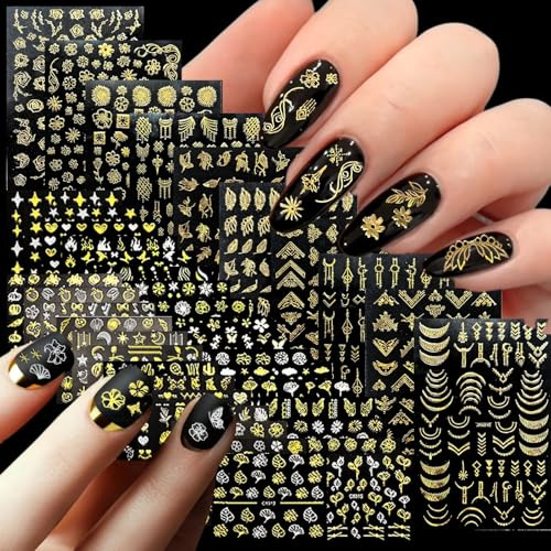 KEYRI 40 Blatt Blumen Nagelaufkleber Goldene Nagelaufkleber Selbstklebende Pflanzen Schmetterlinge Nagelzubehör Zartes Nagelkunst Dekorationszubehör für Frauen und Mädchen (Verschiedene Formen)