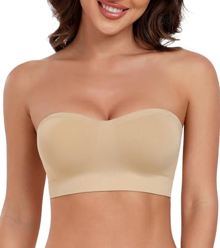 Lemorosy Women's Strapless Bra Padded Wirefree Seamless Adjustable Supportive Bandeau Tube Bra(Beige,XXL)