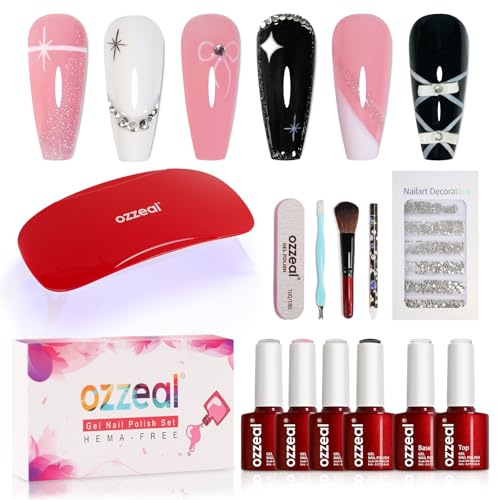 Ozzeal Gel Nail Polish Kit with UV Light, Hema Free Black White Pink Jelly Silver Glitter Manicure Set, Base and Top Coat and Rhinestone, All Year Round Gel Mini Salon, DIY Home Nail Art Starter Kit