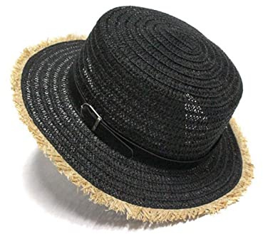CKQshenKouyicKQ Strohhut mit Flacher Oberseite, Sommer, Frühling, Damen, Reisekappen, Freizeitgürtel, Strand, Sonnenhüte, Bast, Fransen, Strohkappe, Chapeau(Nero,Adult55-58cm)