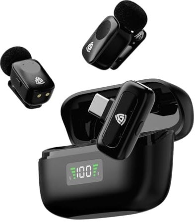 AKINGUAR Microfono Lavalier Wireless per iPhone Android, Microfono Wireless Professionale, Hi-Fi Audio, Cambio di Voce & Riduzione del Rumore, 30 Ore, Plug-Play Mic Mini per Registrazione Video, Vlog