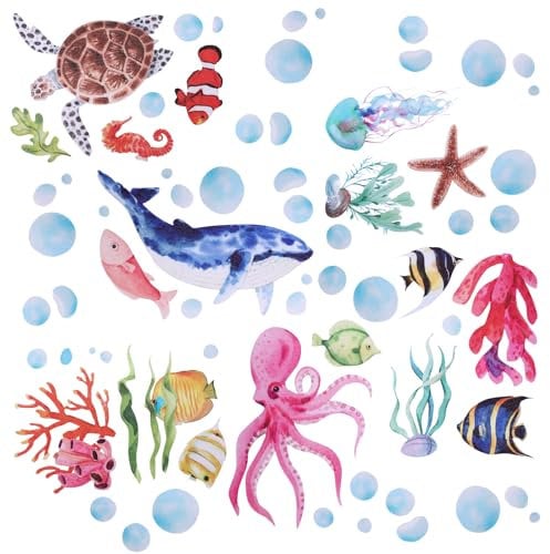 6pcs Ocean Creature Marine Bathtub Stickers, 5.9x7.8 Inch Colorful Waterproof Large Non-Slip Coral Octopus Starfish Whale Turtle Adhesive Decals Threads for Kids Sea Bath Tub Shower Floor