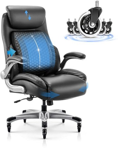COLAMY Ergonomic Office Chair High Back Leather Desk Chair with Flip-Up Armrests,Adjustable Height,Silent Wheels, Padded Cushion & Lumbar Support Comfortable Gaming Chair for Home Office Study, Black