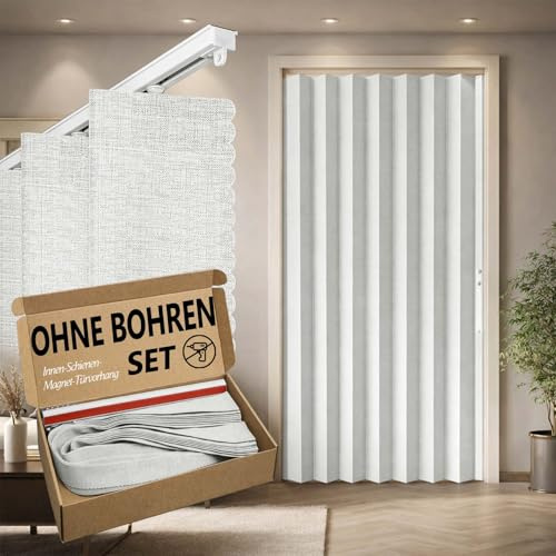 Jilron 100% Blickdichter Türvorhang – Faltbarer Akordion-Stil mit Magnetverschluss, Klebemontage ohne Bohren, inkl. Klebeschiene, Verdunkelung & Windschutz,Weiß, H201 x B106 cm