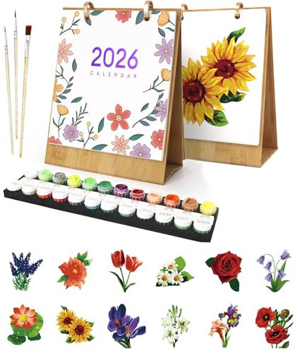 Tischkalender 2026, Malen Nach Zahlen Blume Kalender Tischkalender, DIY Tischkalender 2026 zum Aufstellen, mit Pinsels Acrylfarbe und Base für Geschenke und Home Haus Deko-01-Blume