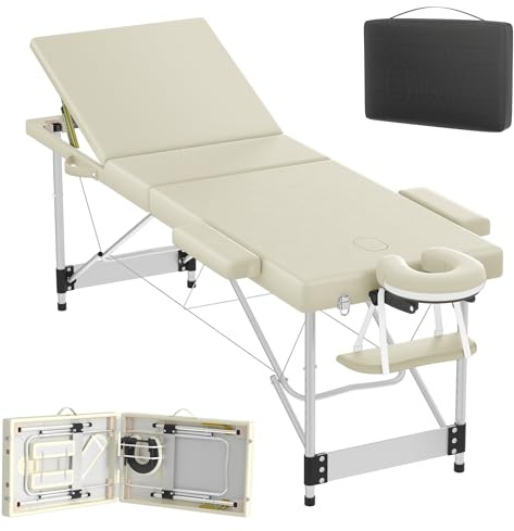 Aufun Mobile Massageliege 3 Zonen, Klappbar Massagetisch, Höhenverstellbare Aluminium Massagebett, Massagetisch Kosmetikliege Breit tragbar inkl. Zubehör, Kopfstütze, Armlehne, Tragetasche, Beige
