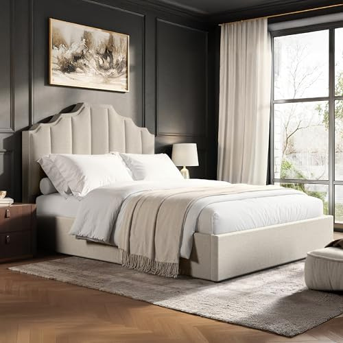 Flair Furnishings - Margot Ottoman Bed, King Size Bed Frame with Storage and Fluted Headboard, Easy to Lift, Elegant and Refined (Beige Linen Fabric)