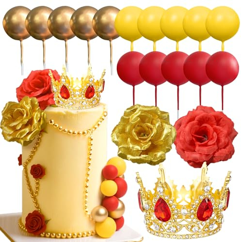 LaVenty Red Balls Cake Toppers Princess Cake Decoration Tiara Crown Birthday Decoration for Birthday Party Queen of Heart Supplies