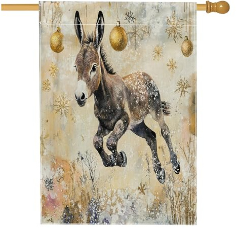 Weihnachts-Eselhaus-Flagge, 71,1 x 101,6 cm, für draußen, luxuriöse Schneeflocken, Standard, vertikale Leinen-Flagge, Tier-Vorhof, Hinterhof-Muster, Outdoor-Dekoration